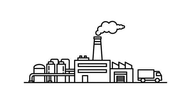 Industrial factory complex with smoke stack and delivery truck black outline on white background