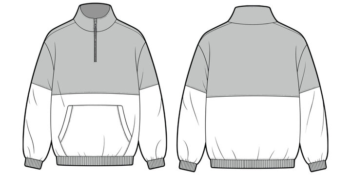Two tone pullover jacket flat sketch, high collar zip design, kangaroo pocket garment drawing, fashion apparel outline, stylish clothing illustration, flat vector illustration