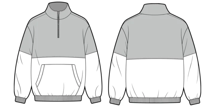 Two tone pullover jacket flat sketch, high collar zip design, kangaroo pocket garment drawing, fashion apparel outline, stylish clothing illustration, flat vector illustration
