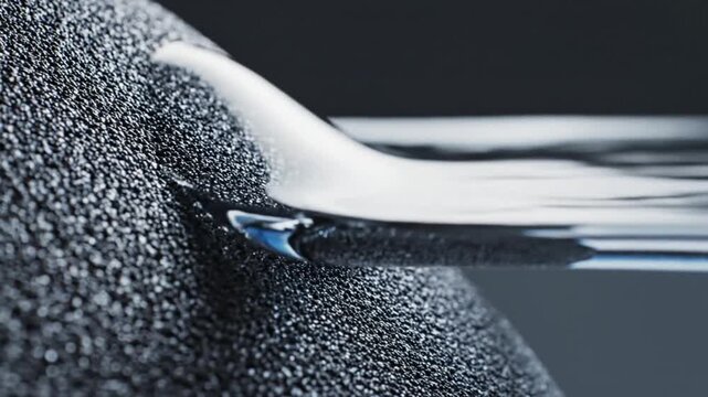 Macro shot of needle piercing textured surface with liquid flowing