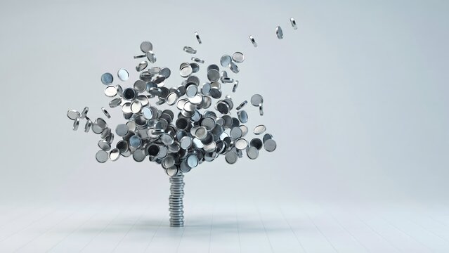 Metallic chrome discs organizing into a clean tree shape &ndash; Great for industrial productivity, manufacturing efficiency, or supply chain logic.
