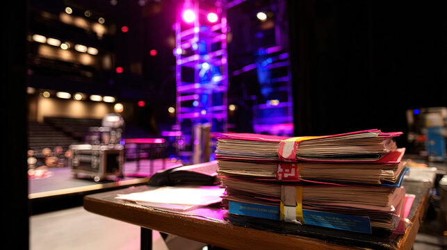 backstage. A table in the wings of a stage, stacked with bound scripts under dramatic lighting. event programs, museum guides, designed for cultural heritage projects and event programs.
