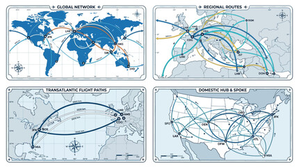 Collection of world map flight routes. © Alif