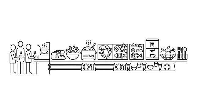 Buffet Line Food Service with People Serving and Various Dishes