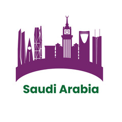 Fototapeta premium Saudi Arabia Skyline Silhouette Featuring Makkah Clock Tower and Riyadh Modern Skyscrapers Travel Landmark Vector Illustration