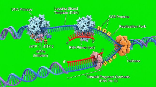 Primase enzyme synthesizing RNA primer on DNA template strand