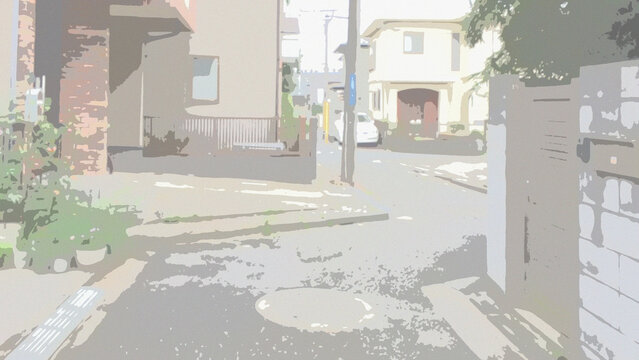 住宅街の道路。東京の道路。イラスト風。