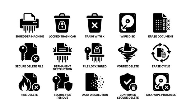 File deletion and secure erase icons arranged on white background