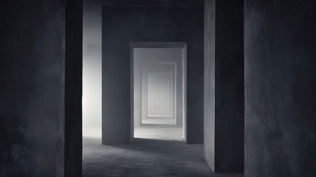 veil. A foggy grey corridor with distant doorways and soft, diffused lighting. real-estate listings, architecture portfolios, designed for real-estate listing and luxury residence showcases.
