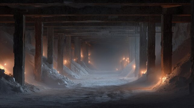 Snowy tunnel under a bridge with warm lights illuminating the path during winter
