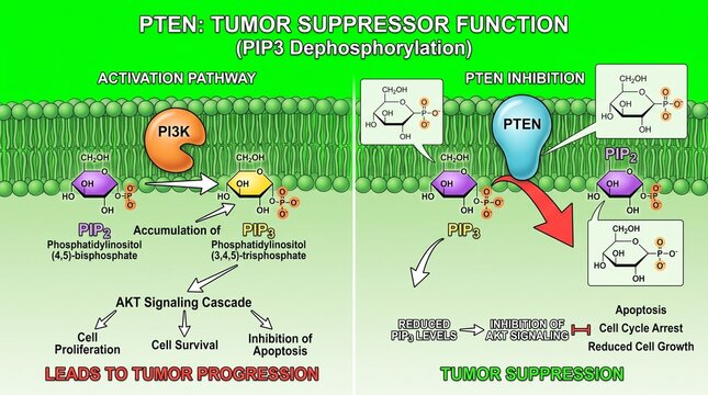 PTEN tumor suppression mechanism, cellular pathway diagram