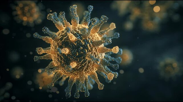 A highly detailed, computer-generated image of a virus with a central spherical body and numerous protruding spikes against a dark background
