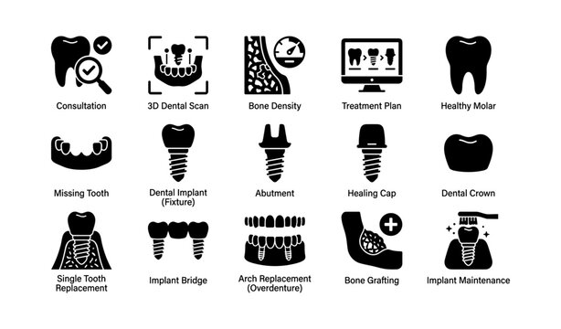 Dental implant and restoration icons arranged on white background