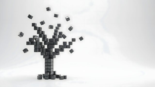 Matte graphite cubes organizing into a modern tree design &ndash; Perfect for structured success, methodical planning, or architectural logic.
