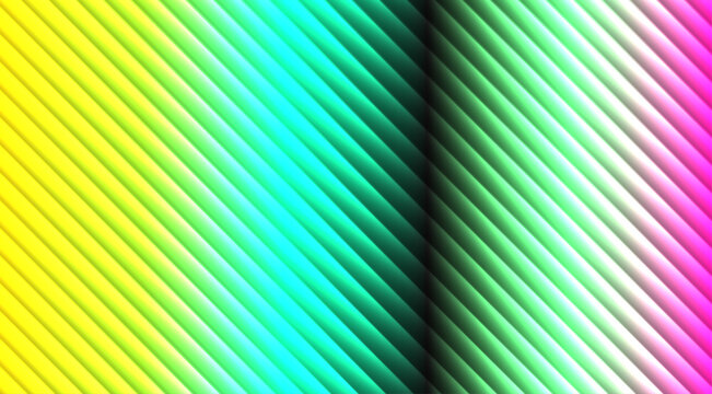 Abstract background, with diagonal stripes, transitioning from yellow, and cyan to, a dark black, center and ending, in green and, magenta tones