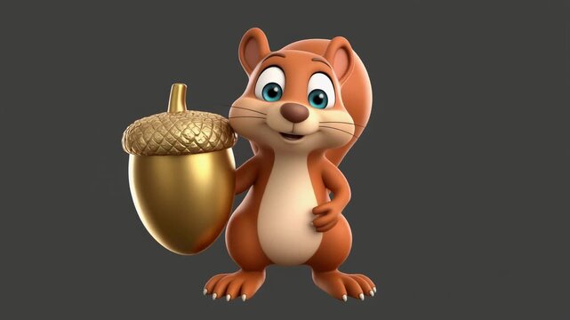Cute cartoon squirrel holding a golden acorn