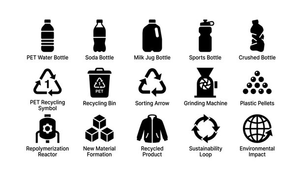 Plastic recycling icons arranged in grid on white background