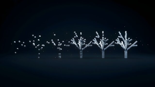 White voxel pixels forming an abstract tree design &ndash; Suitable for data sequencing, computer science blogs, or information architecture.