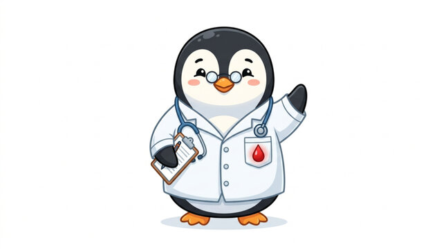 Cute cartoon penguin doctor in lab coat with blood drop symbol isolated on white background
