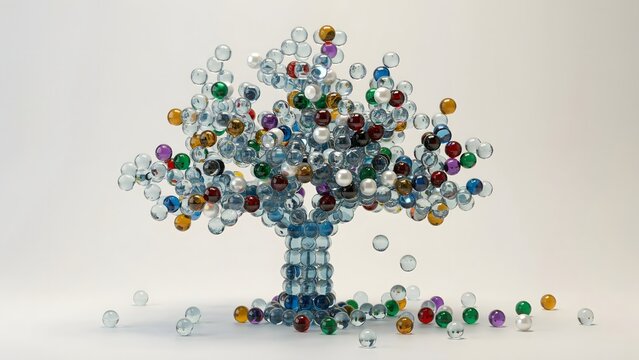 Hyperrealistic glass marble tree in a clean studio &ndash; Ideal for workplace synergy, crowd source concepts, or human resources materials.