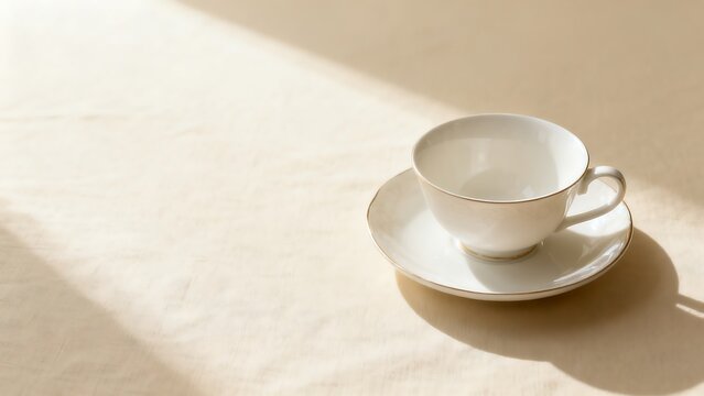 A cup on a minimalist beige textile surface with a soft, fabric-like texture and natural light