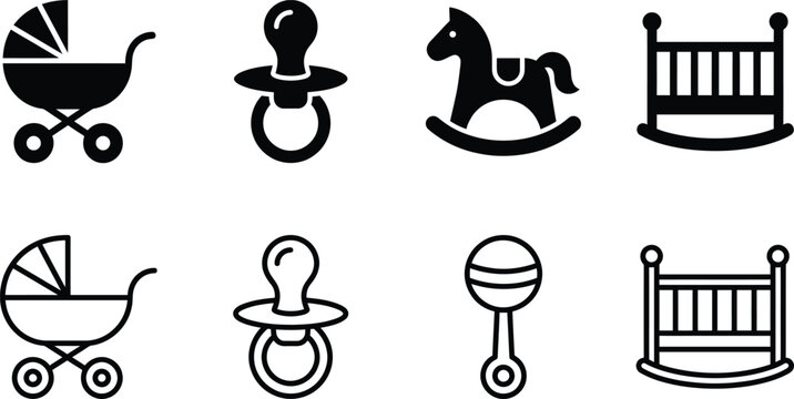 baby stroller rattle rocking horse and crib icons minimalist set with black outlines
