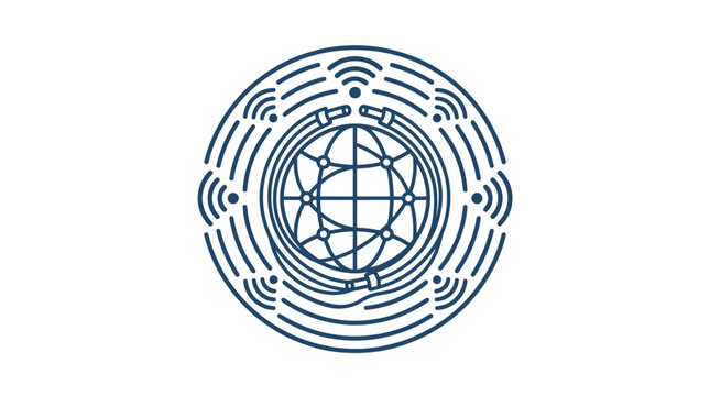 A circular emblem featuring a globe interconnected by lines and surrounded by wireless signal waves.