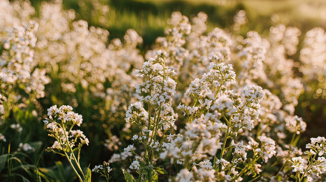 valerian. White valerian flowers swaying softly during golden hour in a botanical setting. gardening catalogs, home-decor guides, designed for home decor and floral branding, promotes healthy living.
