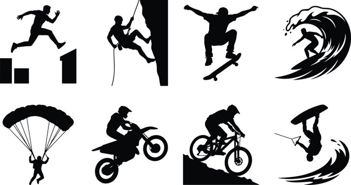 Set of extreme sports black silhouette icons isolated on white background
