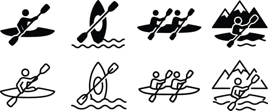 kayaking icon set with minimalist black silhouettes on white for outdoor adventure design