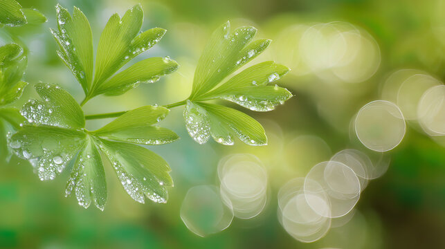 lovage. Fresh green lovage leaves glistening with morning dew. gardening catalogs, home-decor guides, designed for home decor and floral branding, used by recruiters.
