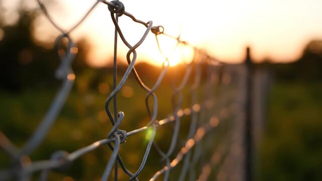 Close up view of interconnected silver wire fencing shimmering in warm sunset light with blurred nature background