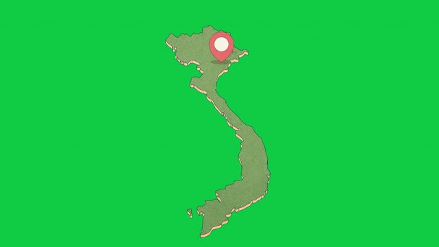 Animated Vietnam Map with Bouncing Location Marker on Hanoi City, Transparent Background, Alpha Channel, 4K resolution