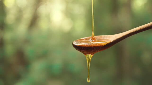 apiary. Golden honey dripping from wooden spoon, blurred natural background. menu design, packaging mockups, designed for food delivery and cloud-kitchen brand materials, used by photographers.
