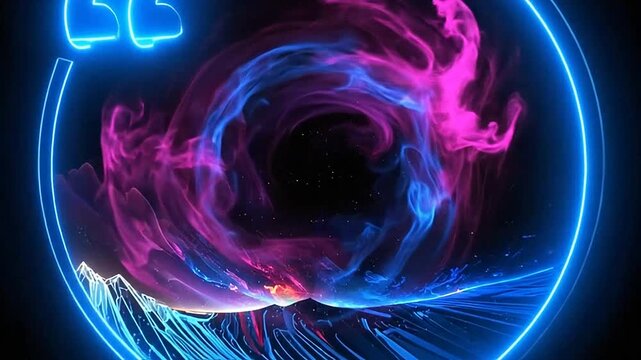 A glowing neon circle frames a swirling nebula of cosmic light