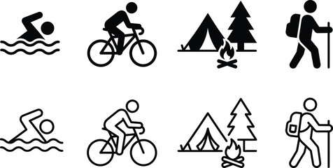 recreation icon set with fire tent bicycle swimmer and hiking elements in black © Sumaya