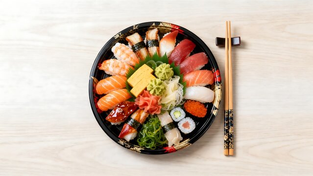 Japanese Sushi Assortment Served with Chopsticks and Soy Sauce