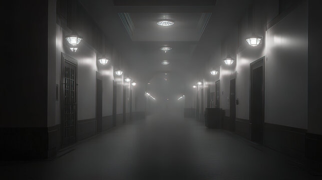 veil. A foggy grey corridor with distant doorways and soft, diffused lighting. real-estate listings, architecture portfolios, designed for real-estate listing and luxury residence showcases.
