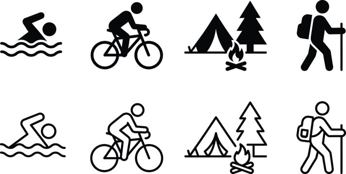 recreation icon set with fire tent bicycle swimmer and hiking elements in black