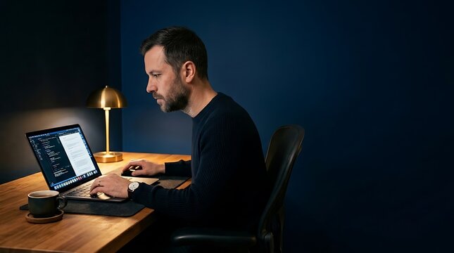 Focused Businessman Working Remotely on Laptop in Minimal Interior