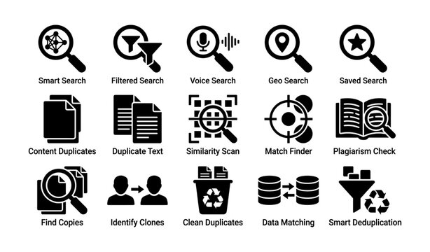 Search and deduplication icons showing functions on white background