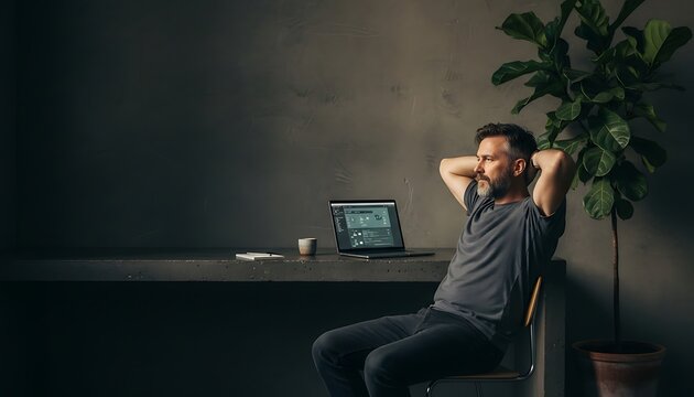 Remote Worker Using Laptop at Simple Office Desk with Large Copy Space