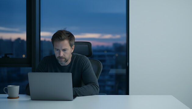 Man Working on Laptop in Minimal Workspace with Copy Space