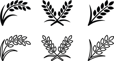 rice icon set with minimalist black grain leaves and crossed stalk vector symbols © Sumaya