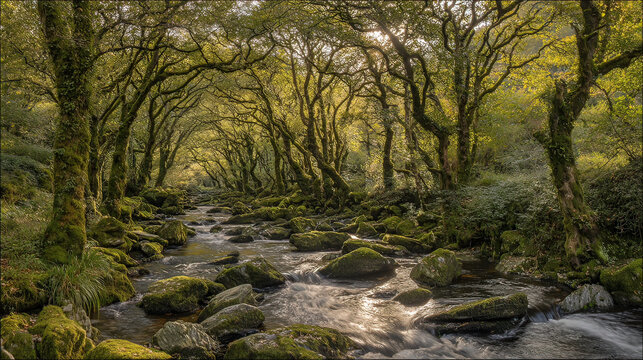 confluence. Two forest streams merging into a single river, blending water currents, mossy rocks, dappled sunlight through trees. ESG reports.
