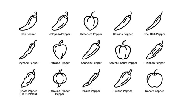 Various chili pepper varieties arranged in icon grid