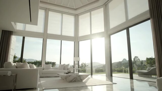 Elegant architectural interior showcase of multiple large white window blinds in a high ceiling luxury living room with clean minimalist aesthetic