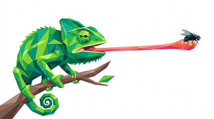 Naklejka premium Green chameleon catching fly with long tongue polygonal illustration isolated on white background 
