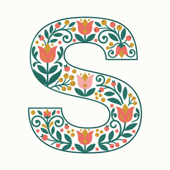 Fototapeta premium Decorative Folk Art Floral Letter S Featuring Intricate Scandinavian Inspired Botanical Patterns and Hand Drawn Garden Flowers for Elegant Typography Designs