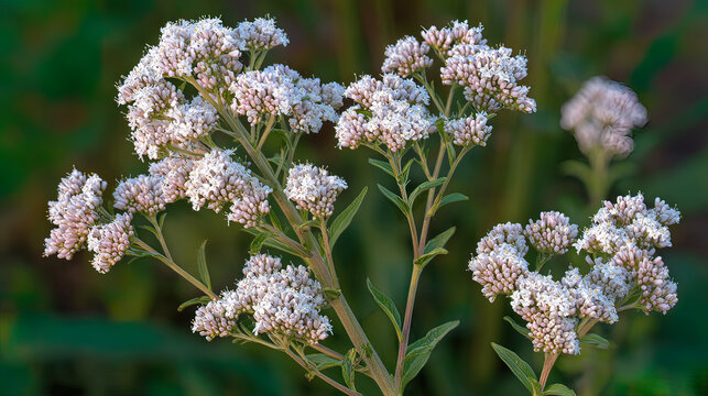 valerian. White valerian flowers swaying softly during golden hour in a botanical setting. gardening catalogs, home-decor guides, designed for home decor and floral branding, promotes healthy living.
